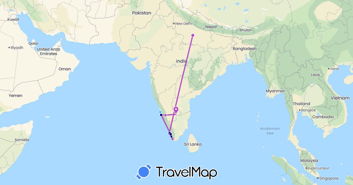 TravelMap itinerary: driving, train, boat in India (Asia)